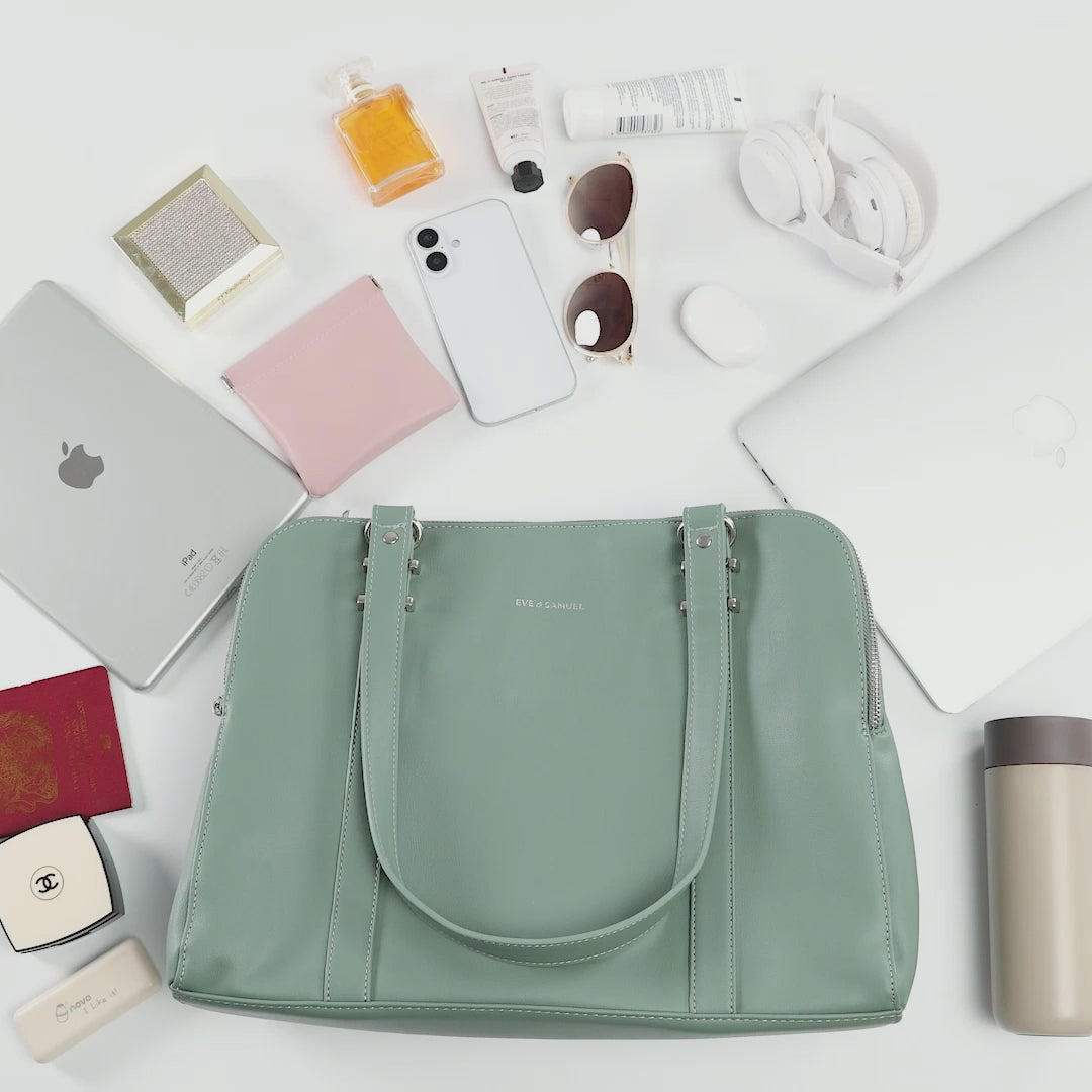 Load video: Victoria Iconic Laptop Tote - Fits up to 14" - Green